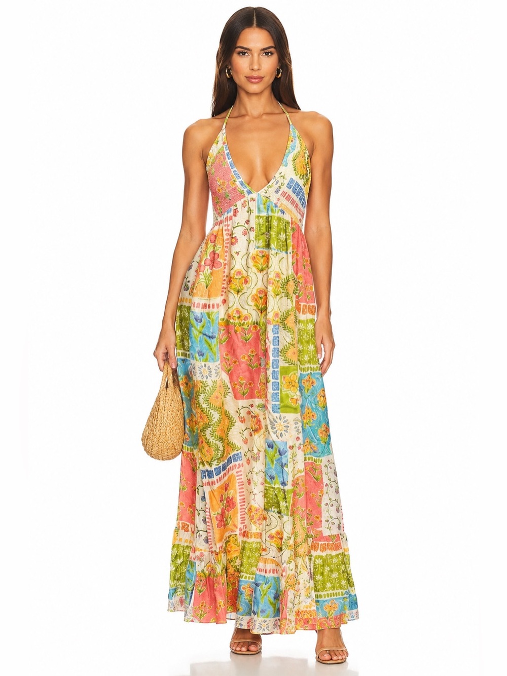 NWOT Multicolor Patchwork Halter Maxi Dress